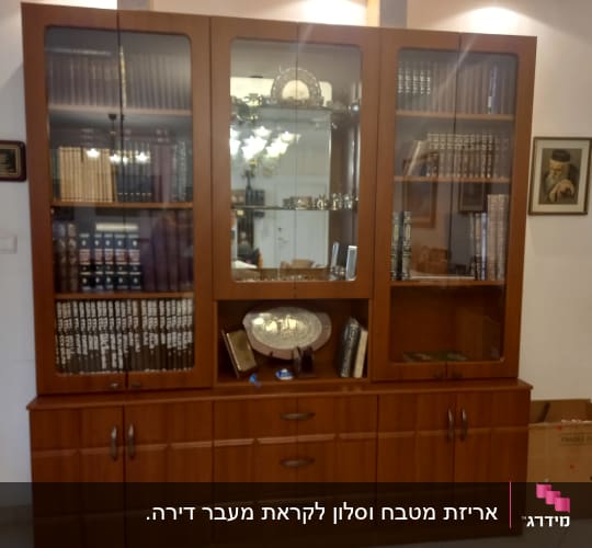 ארון עץ עם דלתות זכוכית וספרים מסודרים